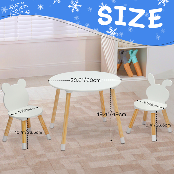 Kids Wood Table and Chairs Set, Toddler Play Table with 2 Chairs, 3 Pieces Children Multi-Activity Round Table for Play Art Craft Reading Learing Eating, White