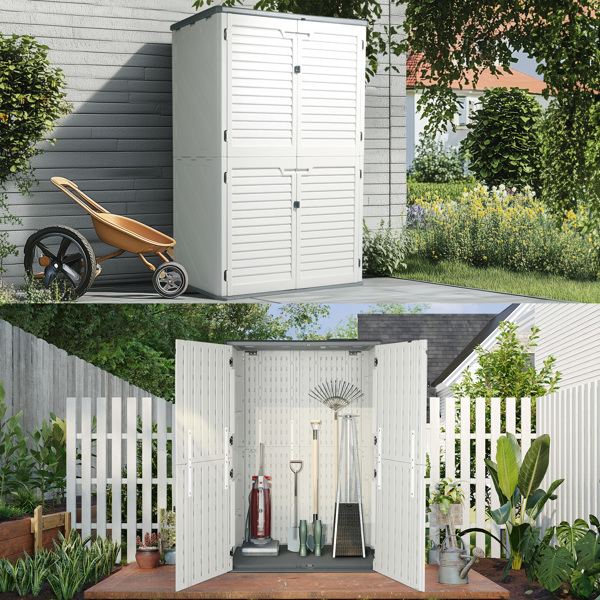 Outdoor Storage Shed with Floor, 50 Cu.Ft Outdoor Waterproof Double-Layer Storage Cabinet for Patio Pool Garage Garden, Gray & White