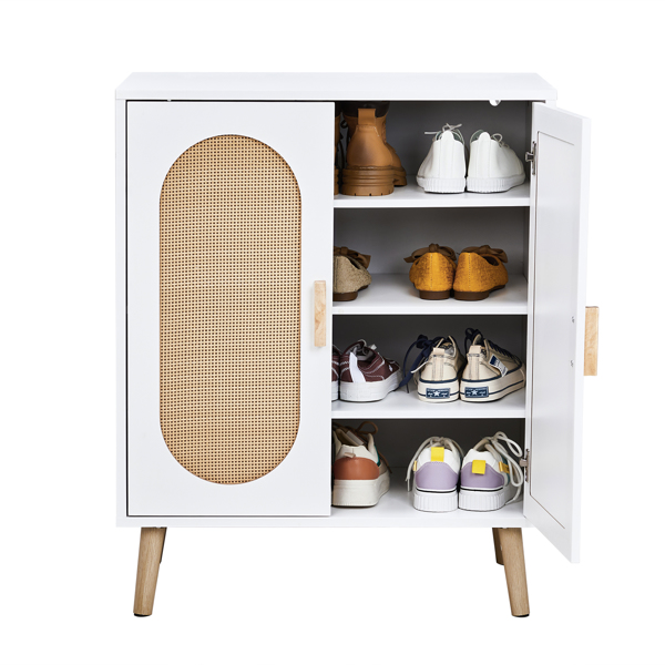 FCH 2-door vertical shoe cabinet particle board + plastic rattan white frame + original wood rattan surface + gold high feet