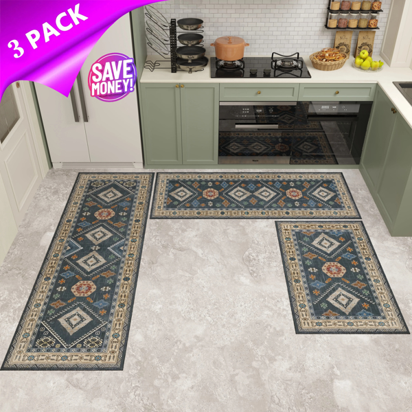 Kitchen Rug Sets 3 Piece with Runner Non Slip Kitchen Rugs and Mats Washable Kitchen Mats for Floor Thick Kitchen Floor Mat Carpet Runner Rugs for Hallway Laundry Holiday Decor