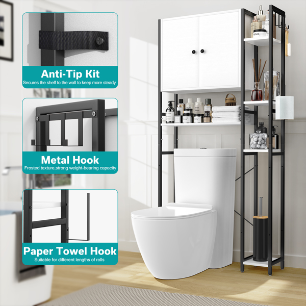 Over The Toilet Storage Cabinet with 4-Tier Side Adjustable Storage Shelves, Non-slip Freestanding Over Toilet Storage W/Hooks, Space Saver Over Toilet Bathroom Organizer for Restroom, Laundry, White