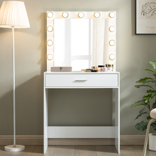 Vanity Desk with Mirror and Lights, Dressing Table with Large Drawer, 1 Level Storage Dresser & 3 Lighting Modes Adjustable Brightness, Suitable for Bedroom(White)