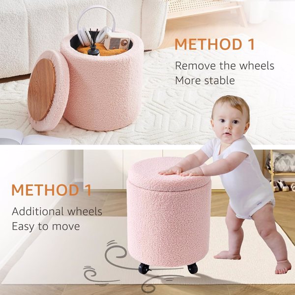 Storage Ottoman Foot Rest Round Footstool Teddy Velvet Footrest Multifunctional Rolling Stool Coffee Table Ottoman with Wheels Vanity Stool for Makeup Room Living Room Bedroom Pink