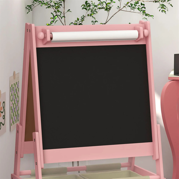 Art Easel  with Paper Roll, Blackboard, Whiteboard, Storage, Pink