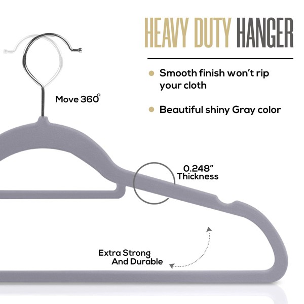 Velvet Hangers, 60 Pieces, Space Saving Hangers, Non-slip Felt Hangers with Tie Clips, Shoulder Recesses, Heavy Duty Suit Hangers for Coats, Shirts, Pants and Dresses Grey