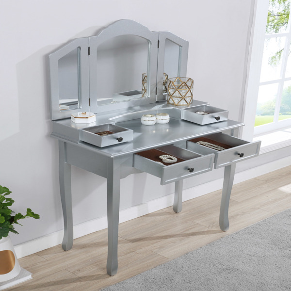 Wooden Vanity Make Up Table and Stool Set, Silver