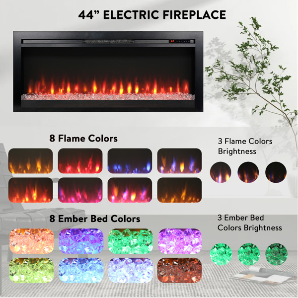 44 inch in wall recessed  electric fireplace with remote and multi color flame & emberbed, LED light heater