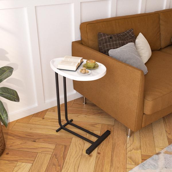 C-Shaped Side Table, C Table End Table for Sofa and Bedside, Couch Side Tables, Wood C-Shaped End Table with Metal Frame Slide for Bedroom Living Room (White)