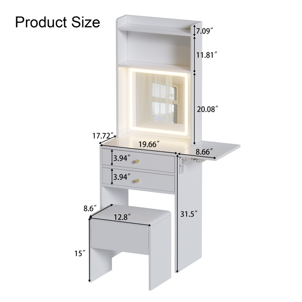 Small Space Vanity Table Set with 3 Adjustable Lighted Mirror and Storage Chair, Makeup Vanity Table for Small Space, White Dressing Table with Fold-up Panel for Bedroom