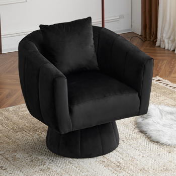 360° Swivel Accent Chair, Modern Velvet Fabric Living Room Armchair with Fluffy Cushions, Comfy Wide Upholstered, Barrel Accent Chairs for Living Room, Bedroom, Lounge, Office Black