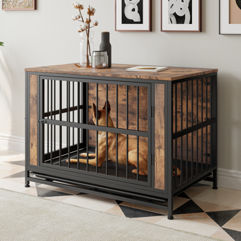 Dog Crate Furniture,  Wooden Dog Crate Table, 38.9\\" Dog Kennel with 2 Sliding Doors and Thick Iron Door Frame, Decorative Pet Crate House for Large/Medium/Small Dog Indoor Use(Rustic Brown)