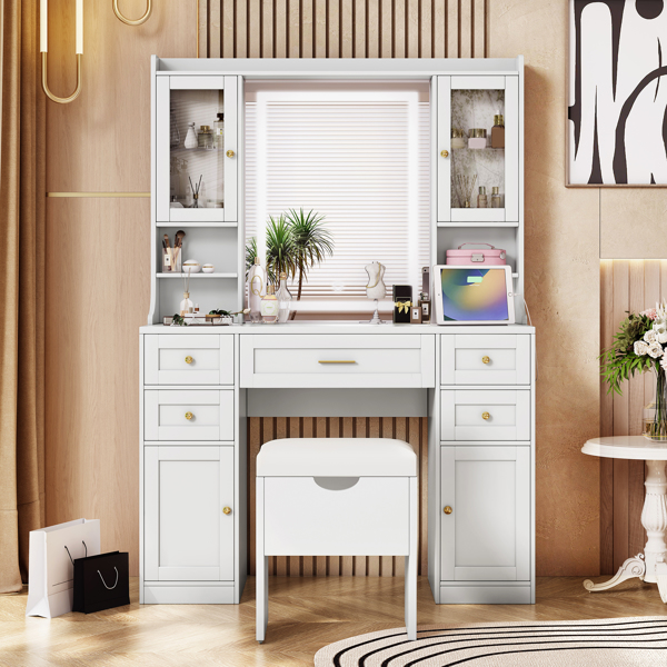 41.4" Makeup Vanity Desk with Mirror and Lights, Makeup Table with 5 Drawers and 4 Cabinets, Dressing Table with Charging Station and Cushioned Storage Stool for Bedroom, White