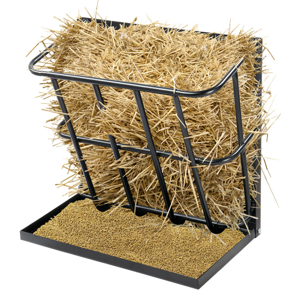 Large Capacity Hay Feeder with Detachable Grain Tray, Heavy Duty Steel 2 in 1 Hay Rack, Multiple Sided Goat Feeding Rack for Sheep Farm Livestock Indoor Outdoor, Black