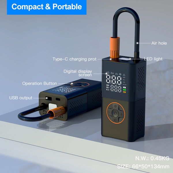 Portable mini self-propelled electric tire inflator pump, handheld wireless charging, digital display car inflator pump