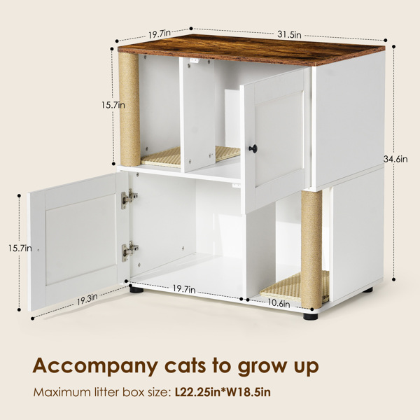 Double Cat Litter Box Enclouse,Cat Litter Box Enclosure for 2 Cats, Cat Litter Cabinet, Double Litter Box Enclosure with Shelve, Fit Most of Litter Box, White+Vintage