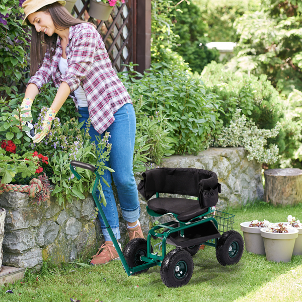 Rolling Garden Cart with Cushioned Backrest & Seat, Outdoor Gardening Stool for Planting, Garden Scooter with 360 Degree Swivel Seat & Steering Handle & Tool Tray, Green