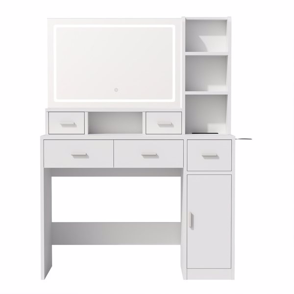 Desk With Mirror And Lights, White Makeup Vanity With Adjustable LED Mirror, Small Vanity Table With Charging Station & Storage