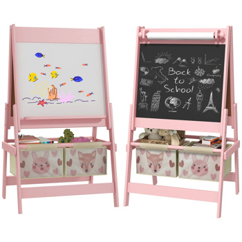 Art Easel  with Paper Roll, Blackboard, Whiteboard, Storage, Pink