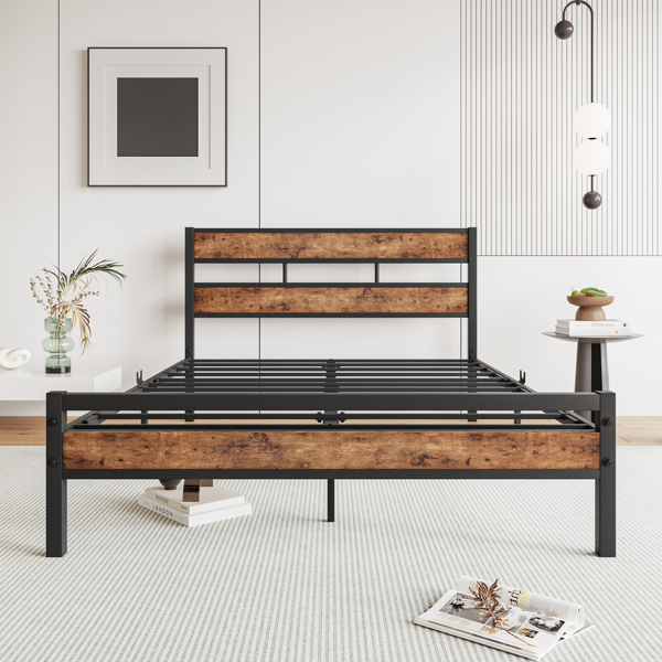 Full Size Platform Bed Frame with Rustic Vintage Wood Headboard, Strong Metal Slats Support, No Box Spring Needed