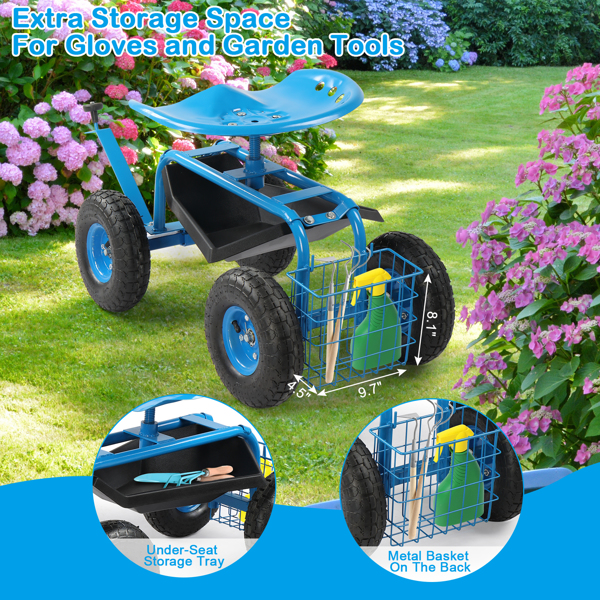 Rolling Garden Work Seat with Wheels, Gardening Stool for Planting, Garden Scooter with 360 Degree Swivel Seat & Steering Handle & Tool Tray, Blue