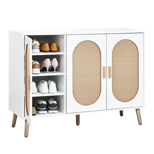 FCH 3-door vertical shoe cabinet particle board + plastic rattan white frame + original wood rattan surface + gold high feet