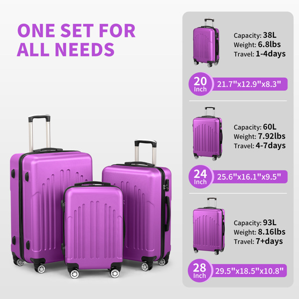 Luggage Set of 3, ABS+PC Hardside Suitcase Sets with TSA Lock 4 Spinner Wheels, Lightweight Trolley Travel Case for Carry On Check-in Business Trip, 20" 24" 28"