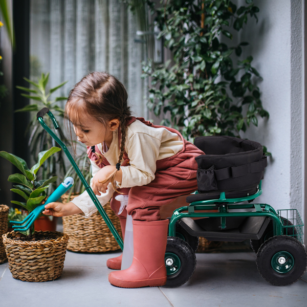 Rolling Garden Cart with Cushioned Backrest & Seat, Outdoor Gardening Stool for Planting, Garden Scooter with 360 Degree Swivel Seat & Steering Handle & Tool Tray, Green