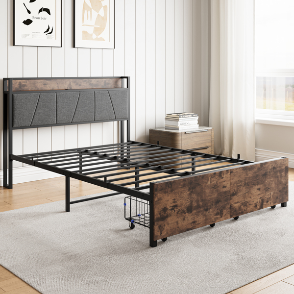 Full Size Bed Frame, Storage Headboard with Charging Station and 2 Storage Drawers,Vintage Brown and Gray