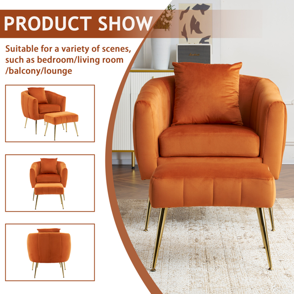 Velvet Accent Chair Set Barrel Chair with Ottoman Modern Club Chair Reading Armchair with Lumbar Pillow for Living Room, Bedroom, Study Room, Home Office Burnt orange