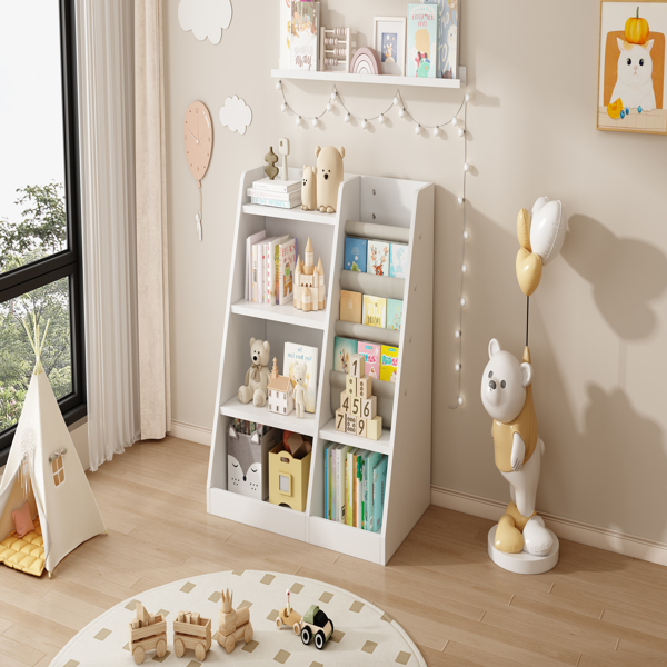 White Wooden Toy Storage Organizer Cabinet  Kids Bookshelf  Children Bookcase Toddler Baby Sling Book Rack Adjustable Shelf for Playroom Bedroom Nursery Hallway School Kindergarten Living Room