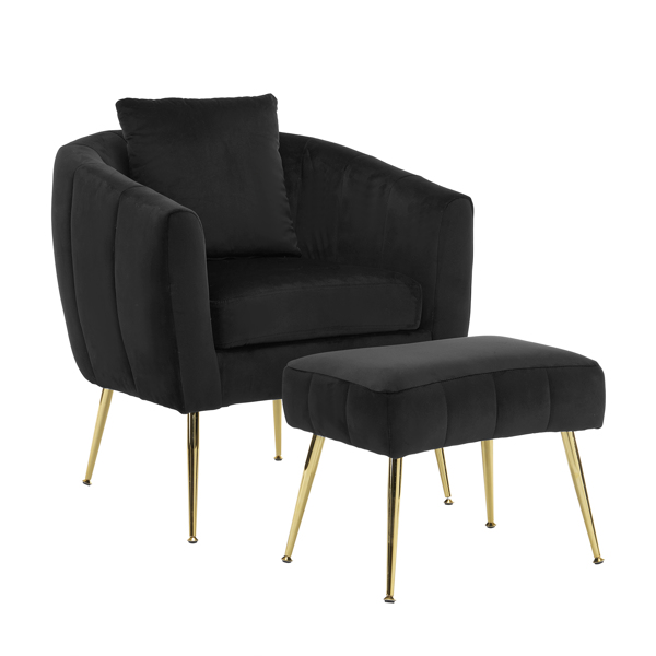 Velvet Accent Chair Set Barrel Chair with Ottoman Modern Club Chair Reading Armchair with Lumbar Pillow for Living Room, Bedroom, Study Room, Home Office Black