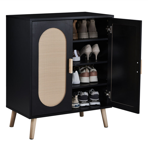 FCH 2-door vertical shoe cabinet particle board + plastic rattan black frame + original wood rattan surface + gold high feet