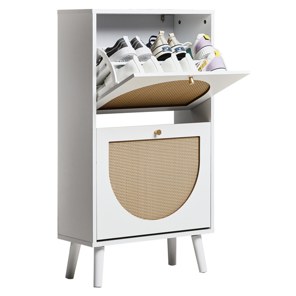 FCH 2 dump buckets with high feet round rattan shoe cabinet particle board + plastic rattan 54*24*98cm white frame + original wood rattan surface + gold high feet