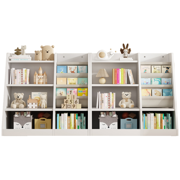 White Wooden Toy Storage Organizer Cabinet  Kids Bookshelf  Children Bookcase Toddler Baby Sling Book Rack Adjustable Shelf for Playroom Bedroom Nursery Hallway School Kindergarten Living Room