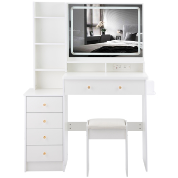 41\\" Large Size Left Bedside Cabinet Vanity Table+Cushioned Stool Dresser Set, 2 AC+2 USB Power Station, Hair Dryer Stand, Extra Large Touch Control LED Mirror, 3-color Switch, EPA, GCC, UL Certificate