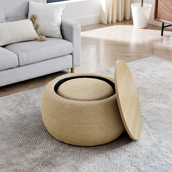 Round Storage Ottoman, Woven rattan fabric Ottoman, 2 in 1 Function, Work as End table and Ottoman,with small seat-nature(25"x25"x14.7")