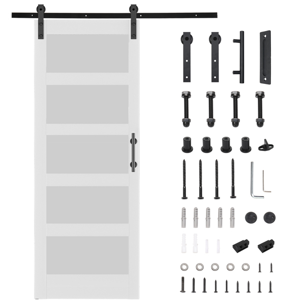 32 in. x 84 in. Unfinished Sliding Barn Door with 5.5FT Barn Door Hardware Kit & Handle， 5 Panel  Tempered Glass Requires Simple DIY Assembly