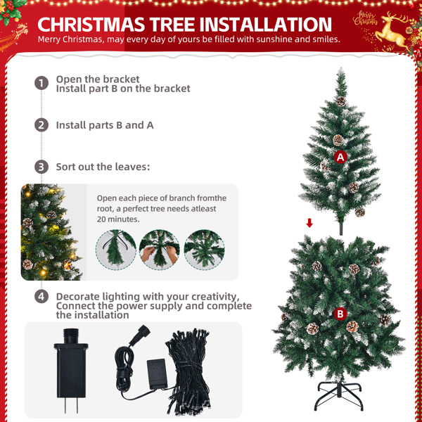 5 FT Artificial Snow Tipped Christmas Tree with DIY 100 Warm Lights Battery Operated, 21 Pine Cones, 800 Branch Tips and Sturdy Metal Stand, Green & Snow Tipped