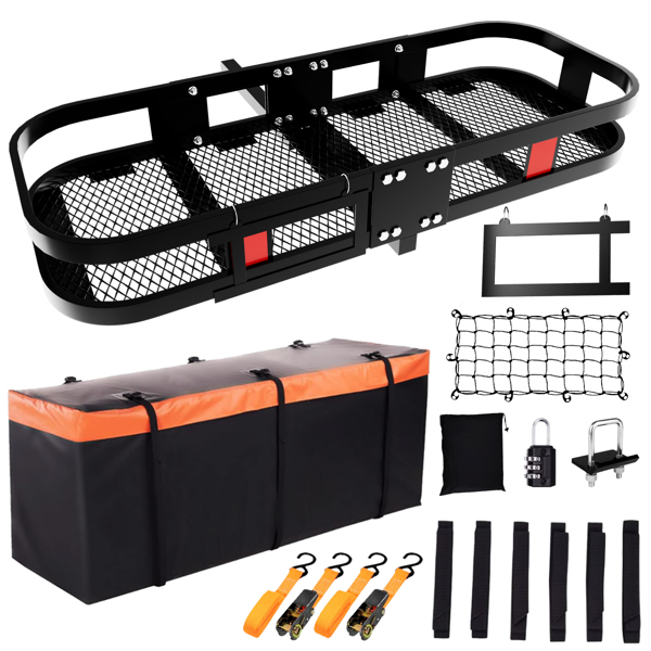 Trailer Hitch Cargo Carrier Rack 500 Lbs, Heavy Duty Cargo Basket, 60" X 24" X 6" Folding Trailer Luggage Carrier Fits 2" Hitch Receiver with Waterproof Cargo Bag, Cargo Net, Stabilizer for Truck, SUV