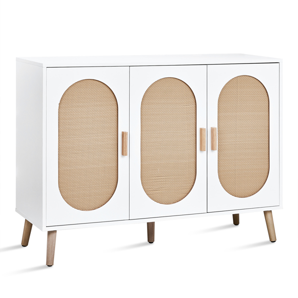 FCH 3-door vertical shoe cabinet particle board + plastic rattan white frame + original wood rattan surface + gold high feet