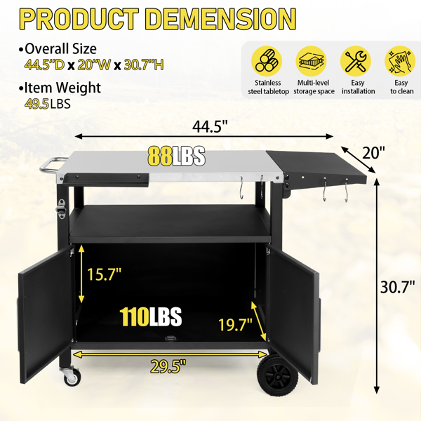 Outdoor Grill Cart with Storage, Rolling Bar Cart Movable Kitchen Island for BBQ, Patio Dining Cart Table for Food Prep with Wheels Hooks Foldable Top