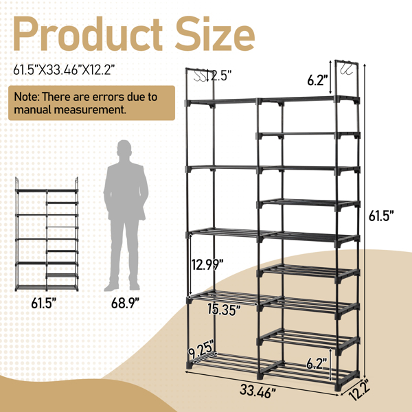 FCH Double row 9 layers with handles Non-woven shoe rack Iron pipe + PP pad + plastic 85.7*29.8*158cm Black