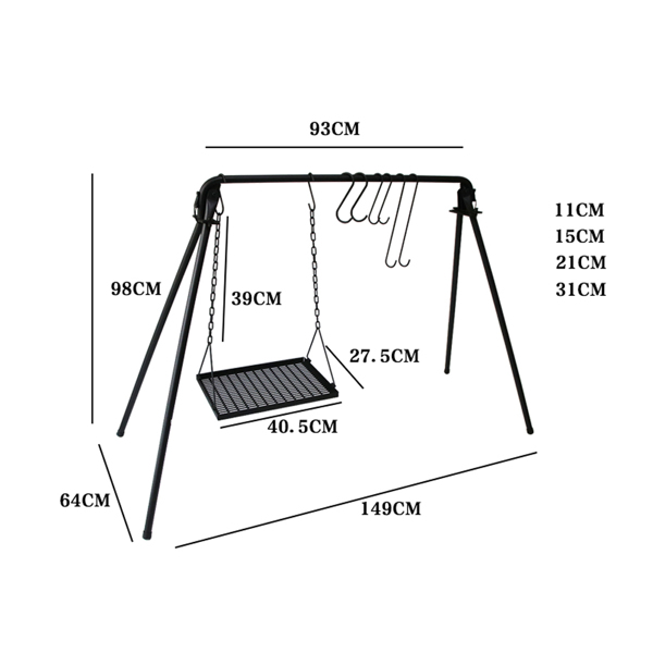 BBQ Swing Hanging Campfire Cooking Rack with Adjustable Iron Grill Grates,Foldable Campfire Cooking Rack with Hooks and Accessories for BBQ Picnic,Outdoor Camping Cookware