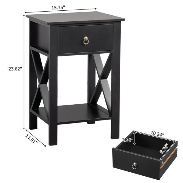 2PCS Side Intersection Style Bedside Table Coffee Table with Two-layer Drawer Black