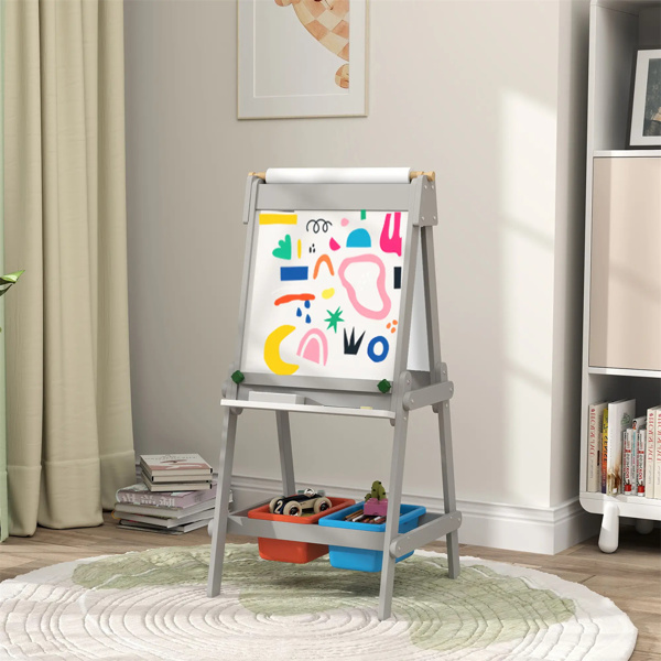 Easel for Kids, Art Easel w/ Paper Roll, Double Sided Whiteboard  Gray