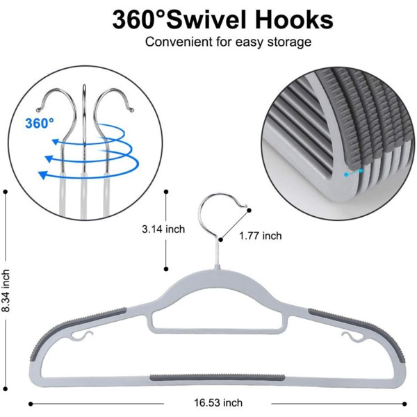 60PCS Loading Hangers, Heavy Duty Plastic Hangers, Non-slip, Space Saving Hangers, 16.5 "wide, 360° Rotating Silvery Hooks, Heavy Duty Wet and Dry Hangers with Non-slip Pads, Space Saving