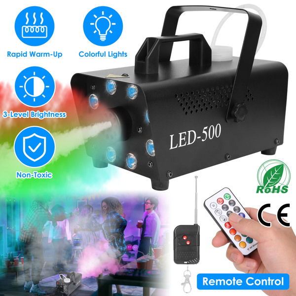 500W Fog Machine 2000CFM Colorful Smoke Machine with 8Pcs LEDs 5 Lighting Effects 3-Level Brightness