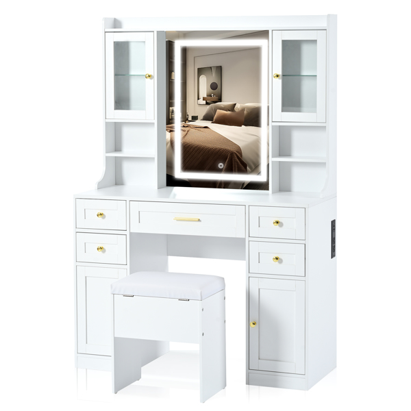 41.4" Makeup Vanity Desk with Mirror and Lights, Makeup Table with 5 Drawers and 4 Cabinets, Dressing Table with Charging Station and Cushioned Storage Stool for Bedroom, White