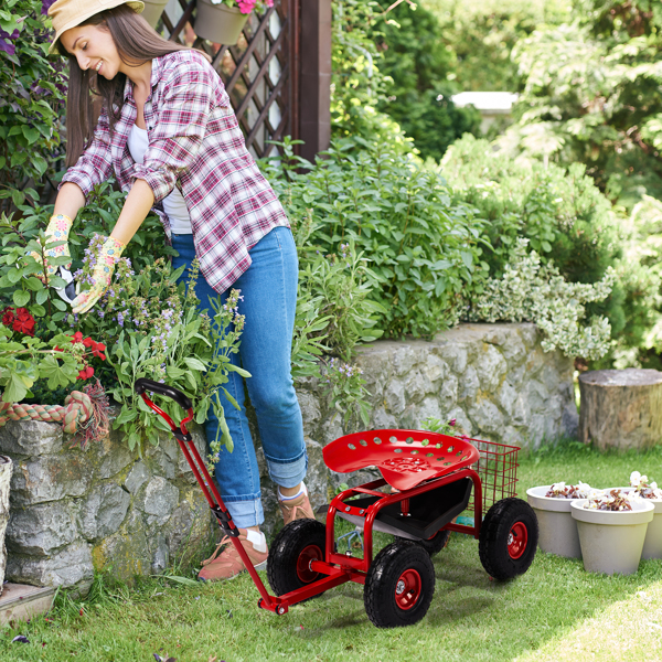 Rolling Garden Work Seat with Wheels, Garden Scooter with 360 Degree Swivel Seat & Extendable Handle & Tool Tray, Gardening Stool for Planting, Red