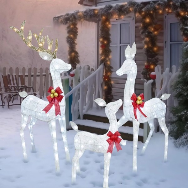 3-Piece Lighted Christmas Deer Set, 5Ft Large Outdoor Lighted Deer Set for Indoor Christmas Decor, White